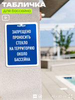 Табличка для бассейна "Запрещено проносить стекло на территорию около бассейна", на пляж, для общественной и частной зоны отдыха, информационная, 40х30 см, Silver Plane x Айдентика Технолоджи