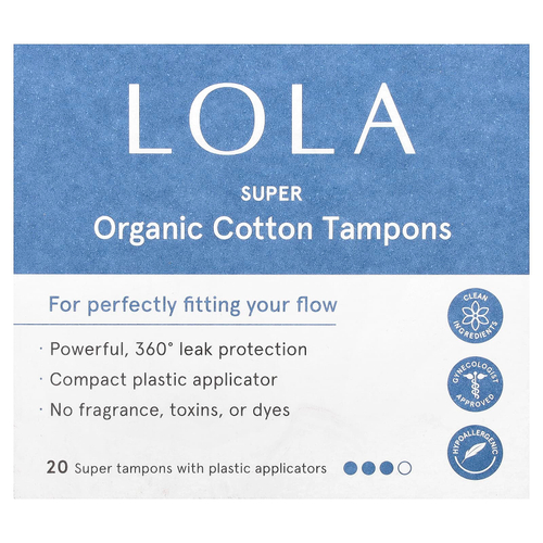 Lola, тампоны из органического хлопка с пластиковыми аппликаторами, супер, 20 штук