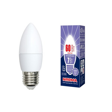 LED-C37-7W-DW-E27-FR-NR Лампа светодиодная. Форма свеча. матовая. Серия Norma. Дневной белый свет 6500K. Картон. ТМ Volpe