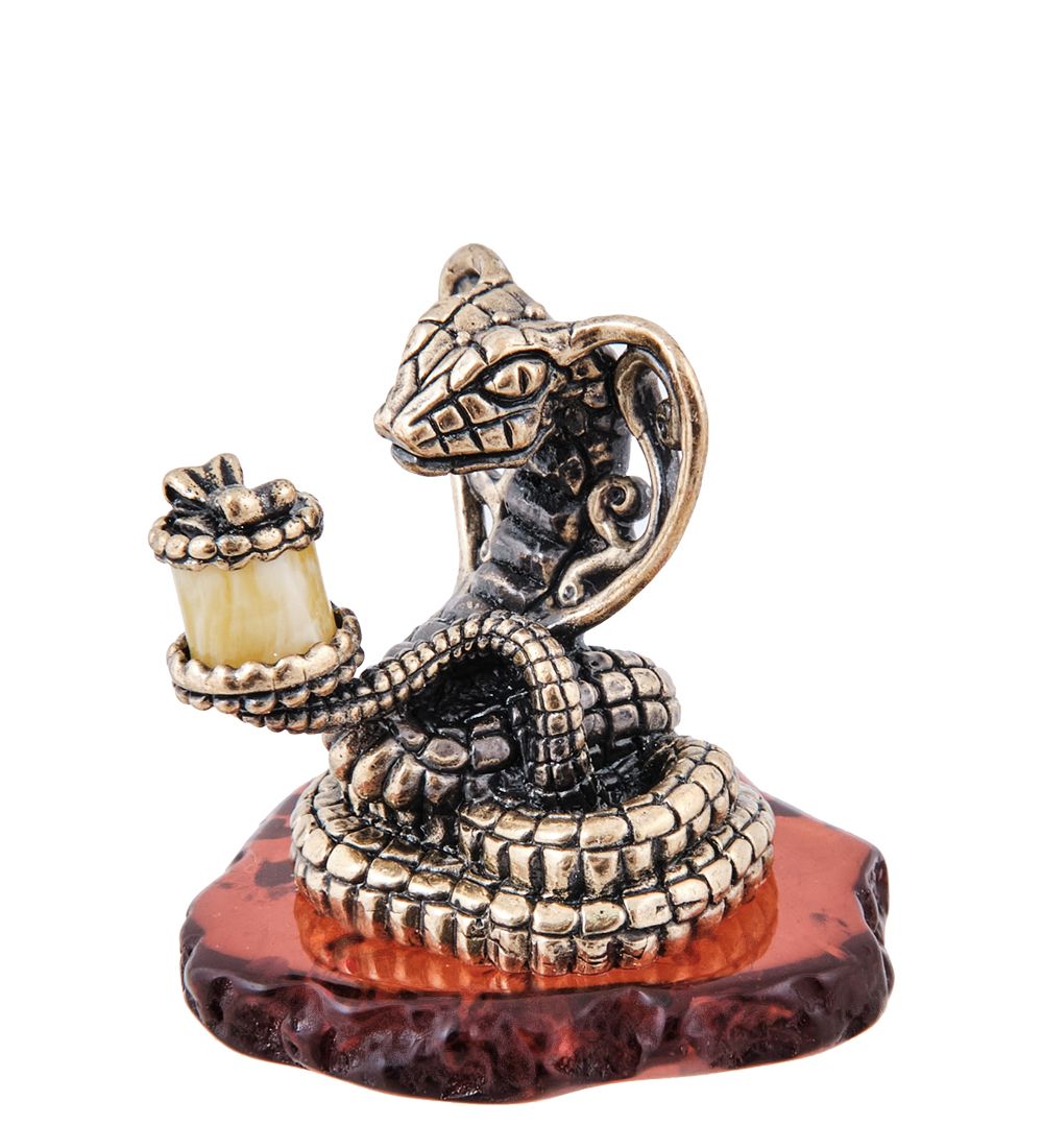 Народные промыслы AM-3980 Фигурка «Кобра с подарком» (латунь, янтарь)