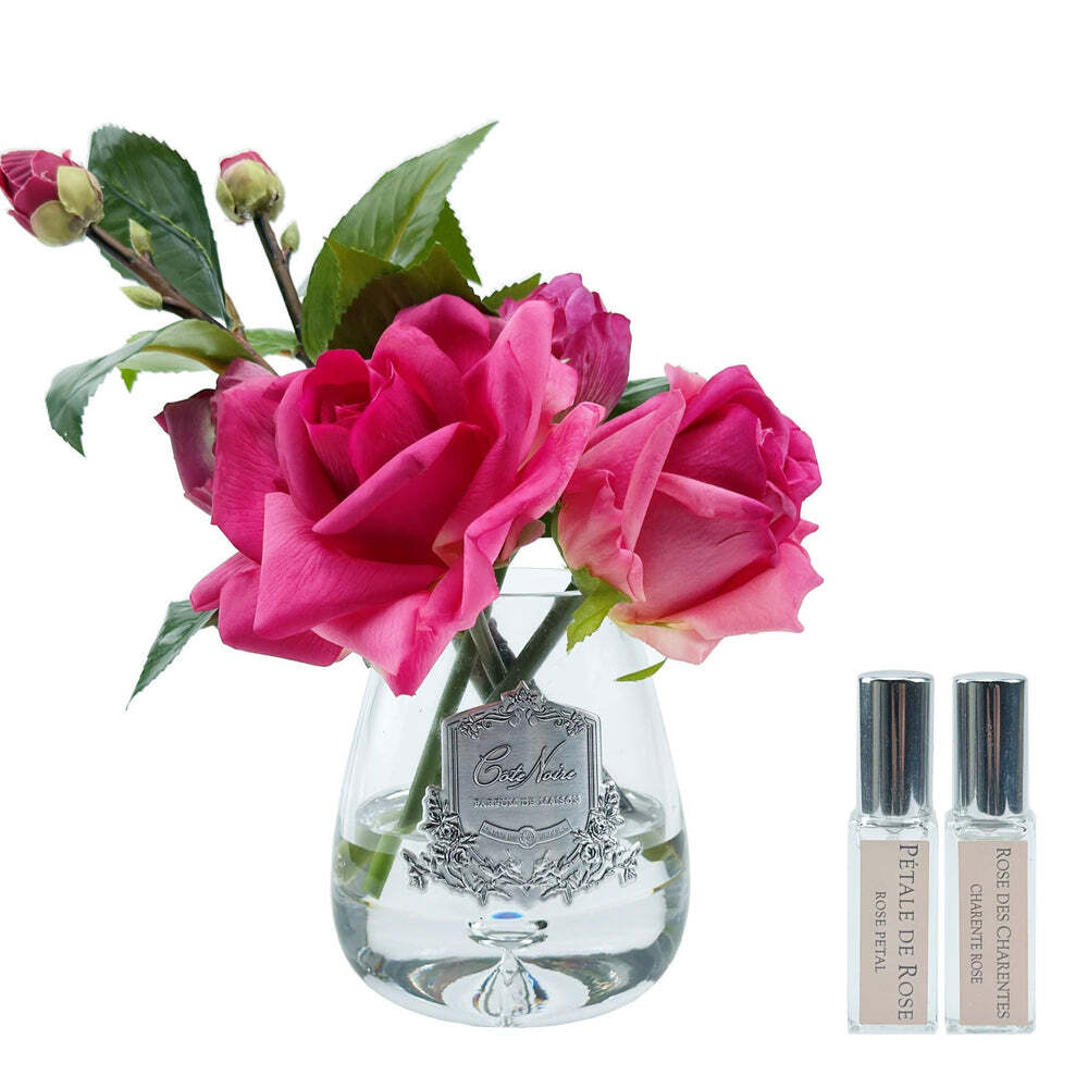 Ароматизированный букет роз и 2 спрея 5мл Cote Noire Tea Rose magenta clear ярко-розовый в прозрачной вазе