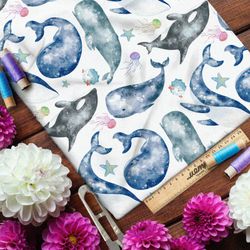 Ткань бифлекс звёздные киты и медузы на белом фоне