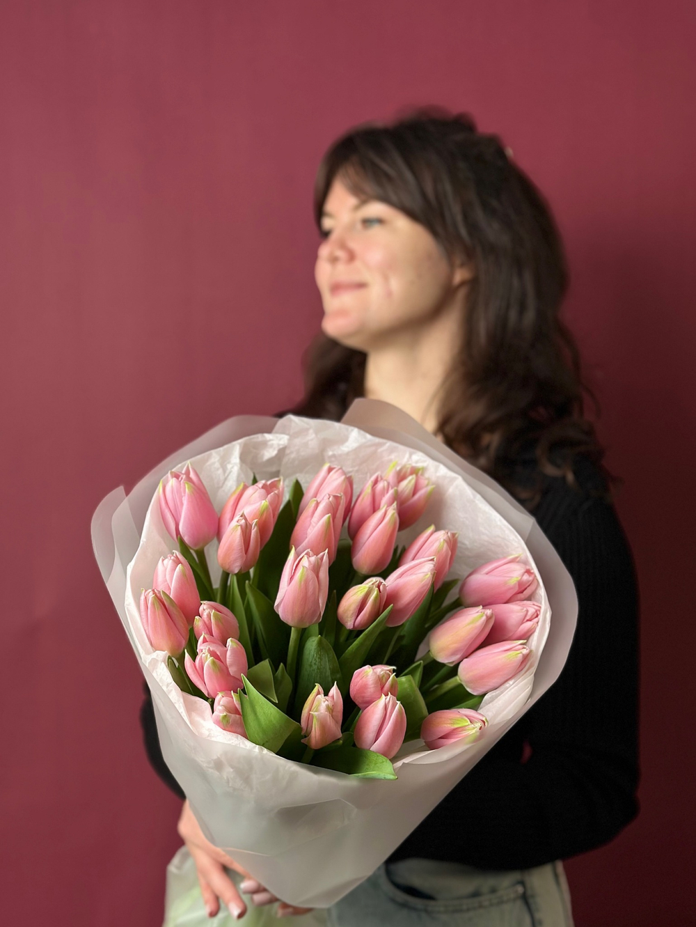 Букет розовых гладких тюльпанов