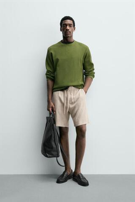 ZARA БЕРМУДЫ RELAXED FIT ИЗ ВИСКОЗЫ И ЛЬНА, СВЕТЛО-БЕЖЕВЫЙ