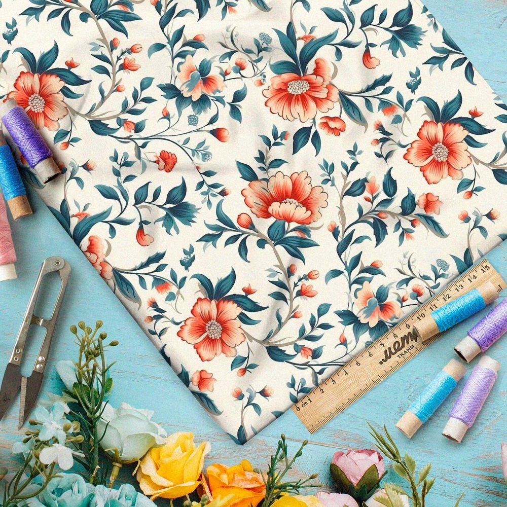 Ткань премиум шифон весенняя цветочная иллюстрация
