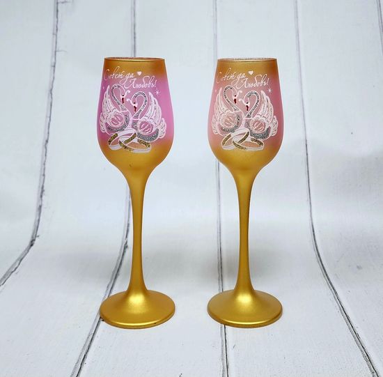 Свадебные бокалы , золото с розовым, Совет да любовь