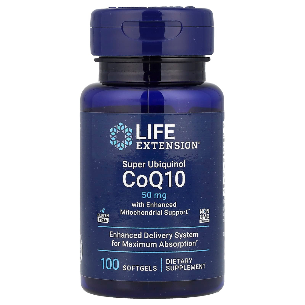 Life Extension, Super Ubiquinol CoQ10 с улучшенной поддержкой митохондрий, 50 мг, 100 гелевых капсул