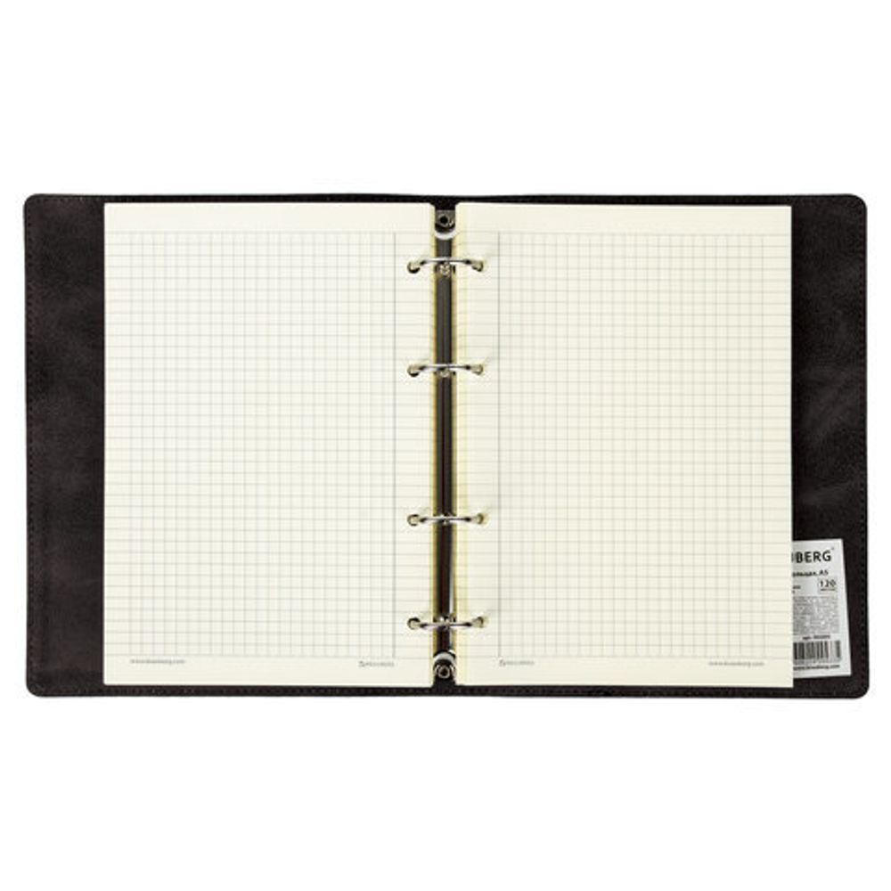 Тетрадь на кольцах А5 (180х220 мм), 120 л., под кожу, BRAUBERG "Main", клетка, черный, 402004