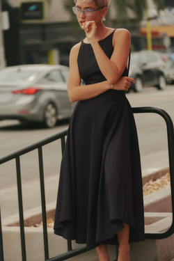 ZARA ПЛАТЬЕ МИДИ ИЗ ГАБАРДИНА С РАСКЛЕШЕННОЙ ЮБКОЙ, ЧЕРНЫЙ