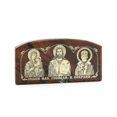 Автомобильная икона из обсидиана 60*30мм "Богородица, Иисус, Николай" арка