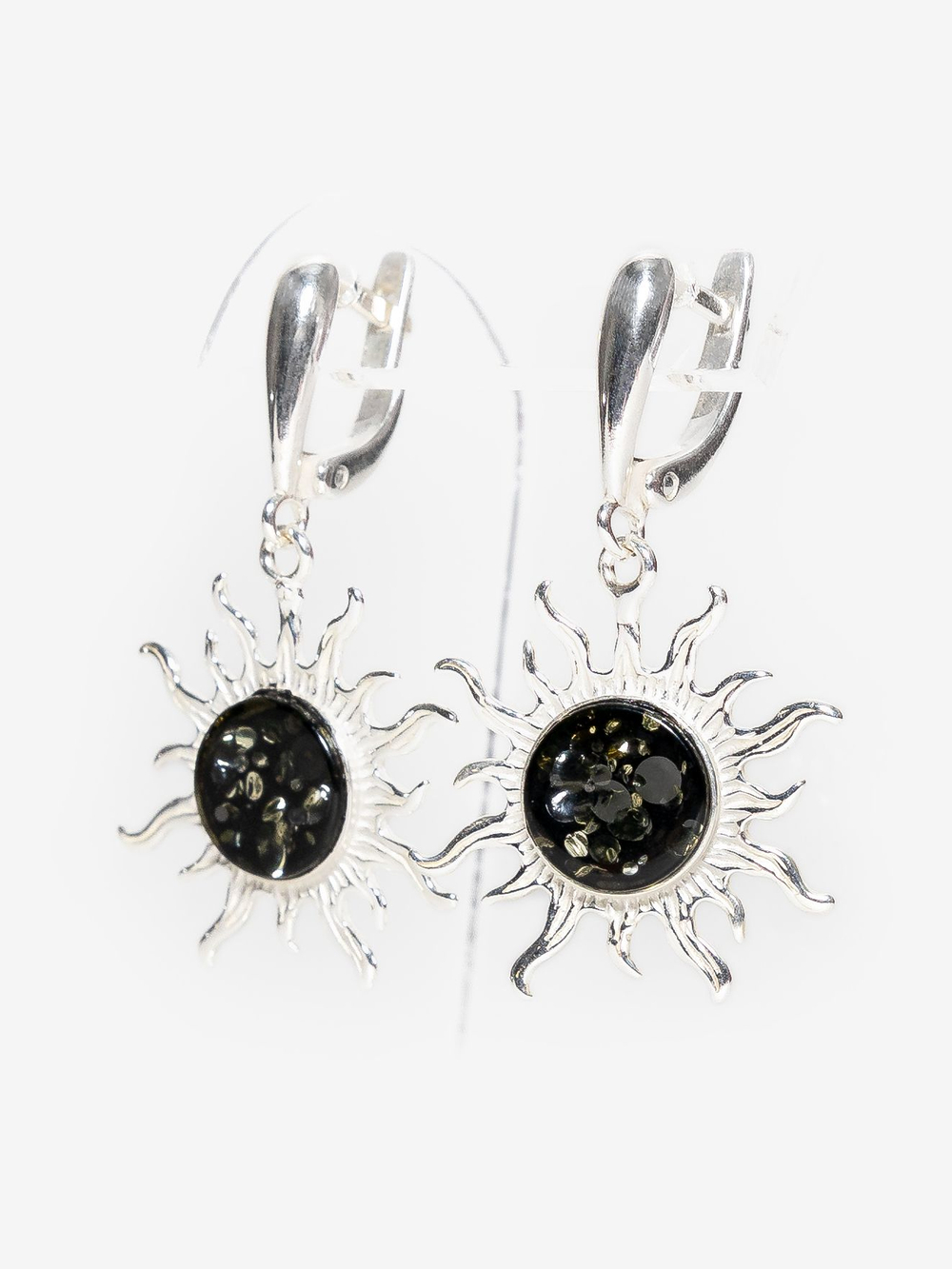 Серебряные серьги с цельным янтарем "Солнце", серебро 925 пробы