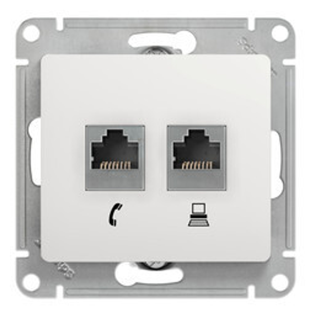 Розетка компьютерная + телефонная 2-м СП Glossa RJ45 + RJ11 кат.5E механизм бел. SE GSL000185
