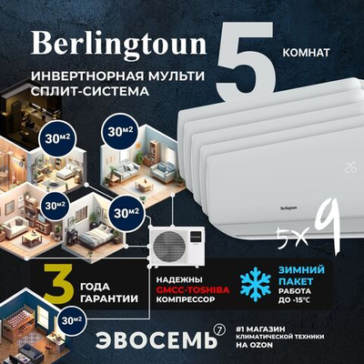 Инверторная мульти сплит-система Berlingtoun на 5 комнат (30м2x5) BMO-42/5AIN1/BMI-09AIN1x5