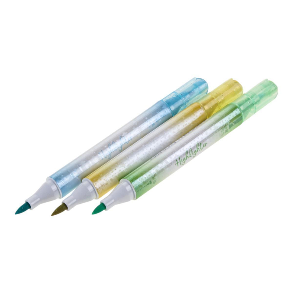 Набор текстовыделителей 3шт. 2-х стор,1 стор-кисточка,цв.пастель, 2 стор-с блестк. голубой