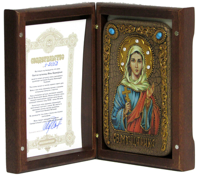 Инкрустированная икона Святая мученица Ника Коринфская 15х10см на натуральном дереве, в подарочной коробке