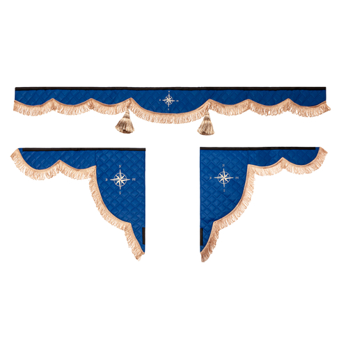 Ламбрекен 1,8м с косынками универсальные стеганые Роза Ветров (экокожа, синий, коричневые кисточки)