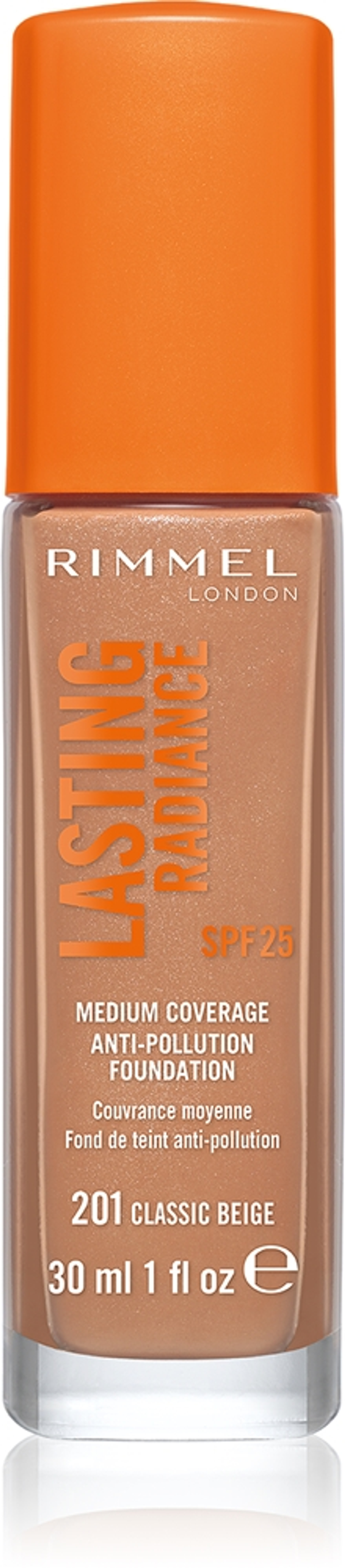 Rimmel Lasting Radiance - Тональная основа с SPF 25, осветляющая оттенок 201 Classic Beige, 30 ml