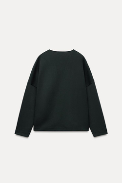 ZARA ТОП ИЗ ИНТЕРЛОКА С V-ОБРАЗНЫМ ВЫРЕЗОМ, ЗЕЛЕНЫЙ