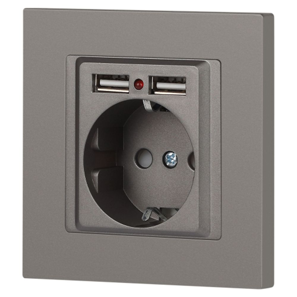 Розетка Intro Accent 6-410-09 P+E Schuko со шторками, 16А-250В + 2хUSB, IP20, СУ, титан