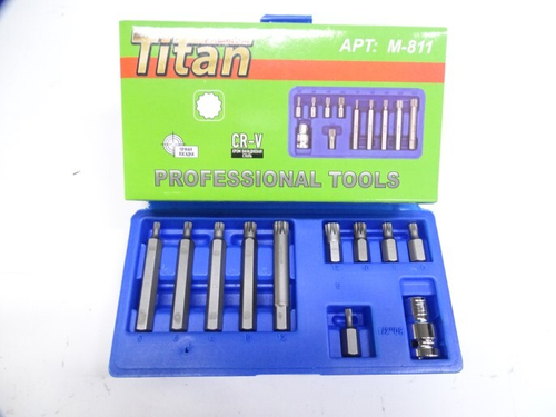 Набор бит 11 предм. сплайн 30 мм и 75 мм (хром ванадиевая сталь) (Titan)