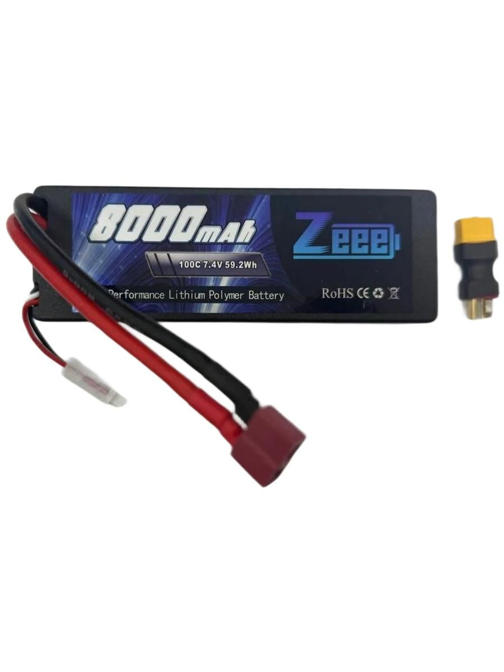 Аккумулятор для радиоуправляемых моделей ZEEE POWER 2s 7.4 8000mah 100 с , t-plug + переходник xt60