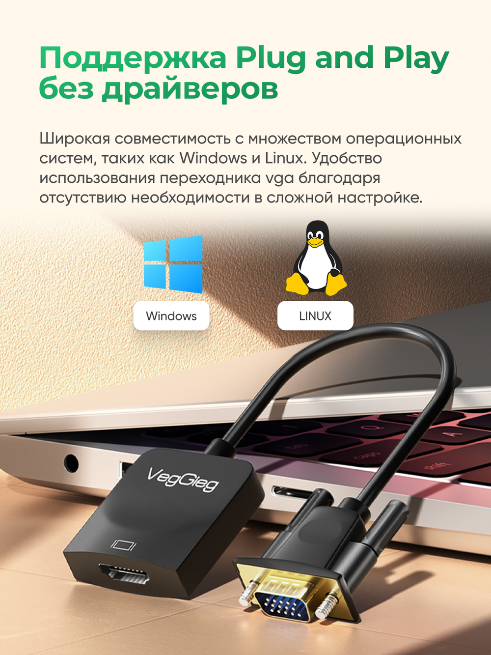 Переходник VGA на HDMI VegGieg с аудио и питанием