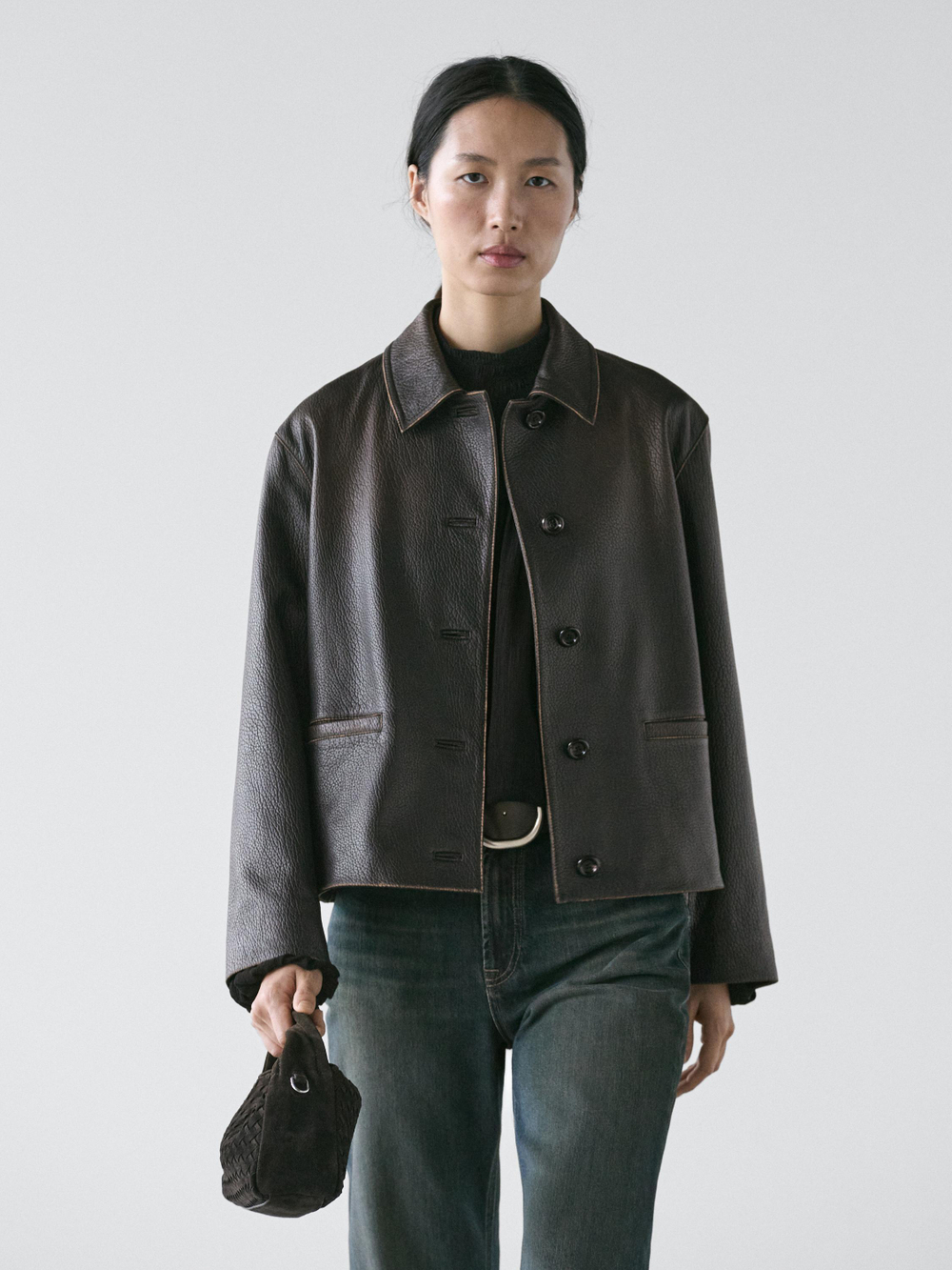 Massimo Dutti Короткая куртка из кожи наппа, черный