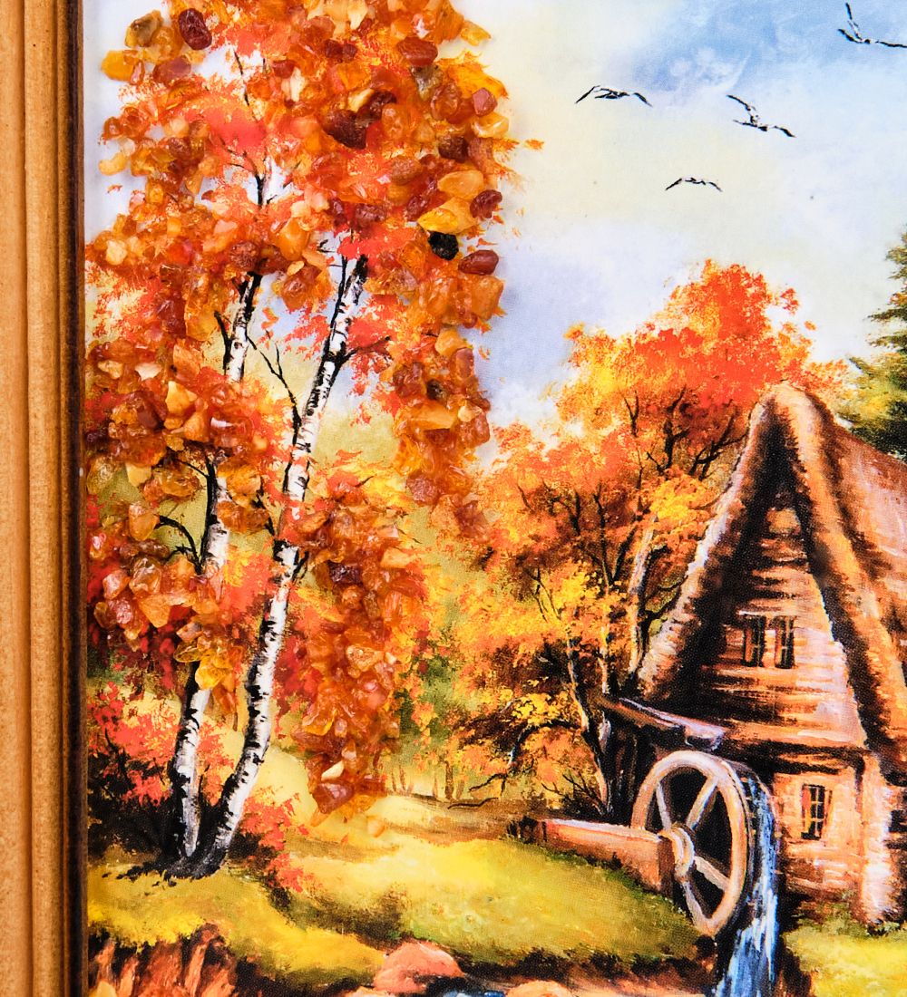 AMB-74/30 Картина «Мельница» (с янтарной крошкой) дер.краш.рамка 12х15