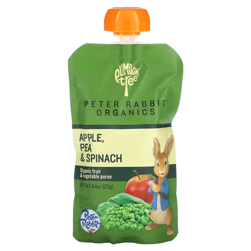 Pumpkin Tree Organics, Peter Rabbit Organics, органическое фруктовое и овощное пюре, яблоко, горох и шпинат, 125 г (4,4 унции)