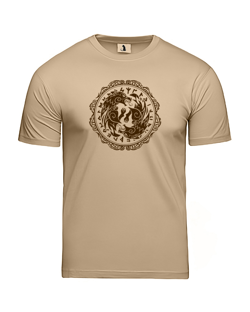 Скандинавская футболка с волком и рунами unisex бежевая с коричневым рисунком