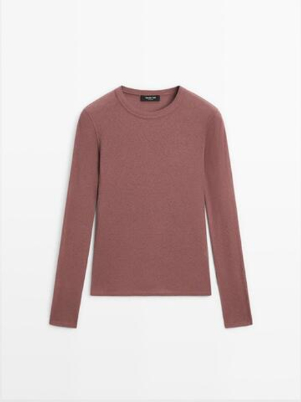 Massimo Dutti Футболка из смесового хлопка с длинными рукавами, пудрово-розовый