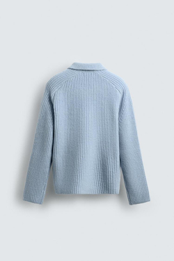 ZARA ПОЛО ИЗ ДВУХИЗНАНОЧНОГО ТРИКОТАЖА С МЕШАНОЙ ШЕРСТЬЮ, НЕБЕСНО-ГОЛУБОЙ