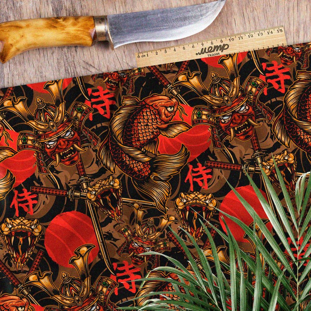 Ткань шелк Армани красный самурай, катаны и рыбы на чёрном фоне