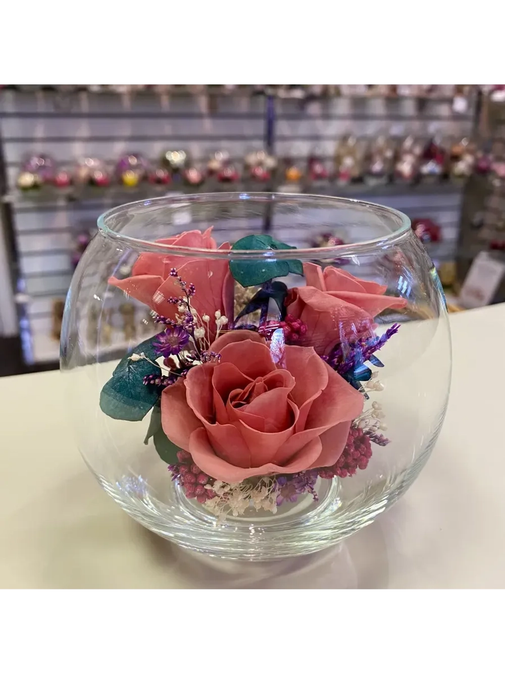 натуральные кустовые розы в стекле, вакуум*