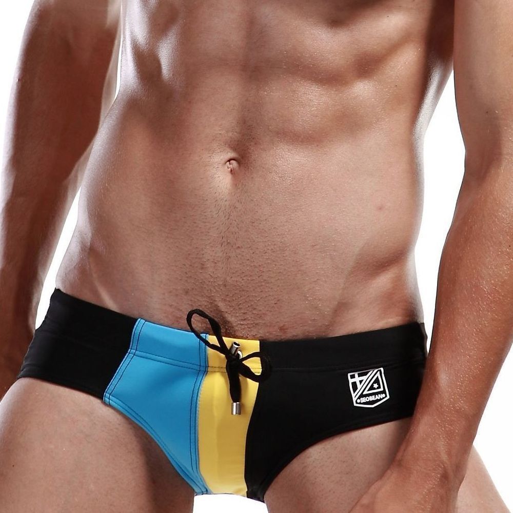 Мужские плавки брифы черные с голубой вставкой Seobean Mens Swim Brief