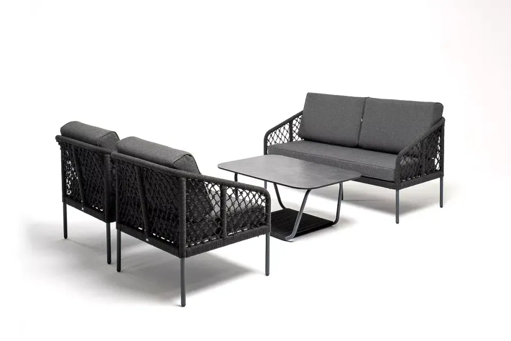"Канны" диван 2-местный плетеный из роупа (узелки), каркас алюминий темно-серый (RAL7024) муар, роуп темно-серый круглый, ткань темно-серая 027