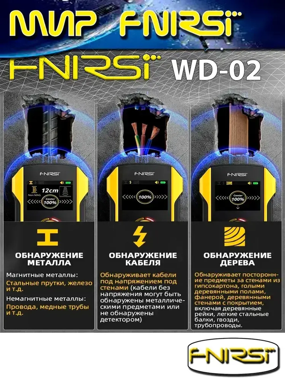 Детектор FNIRSI WD-02 скрытой проводки, металлов и дерева многофункциональный сканер стен / Русское меню и руководство