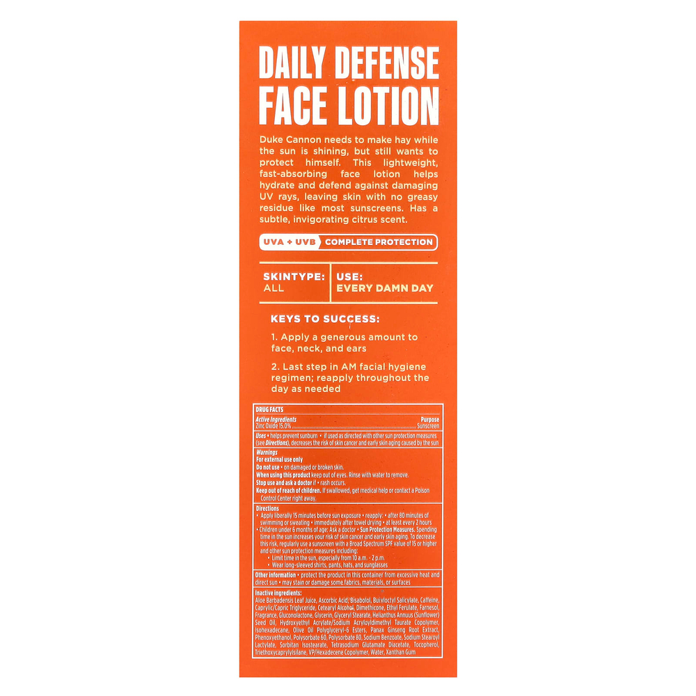 Duke Cannon Supply Co., Daily Defense, лосьон для лица, минеральное солнцезащитное средство, SPF 32, легкий цитрус, 88 мл (3 жидк. унц.)