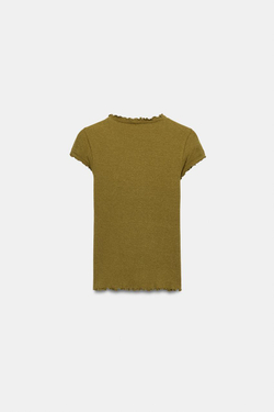 ZARA ФУТБОЛКА ИЗ СМЕСОВОГО ЛЬНА С КОРОТКИМИ РУКАВАМИ, ОЛИВКОВЫЙ