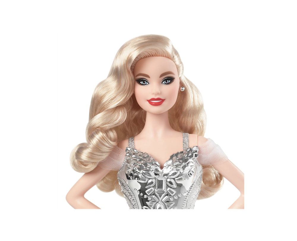 Праздничная кукла Barbie Signature 2021 (12 дюймов, светлые волнистые волосы) в серебряном платье, с подставкой для куклы и сертификатом подлинности, подарок для детей от 6 лет и старше