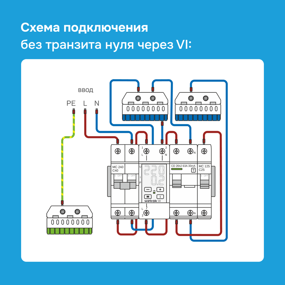 Двухмодульное реле напряжения c контролем тока Welrok VI-40, 40А