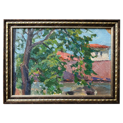 Динес Ю. С. Летний день. Дерево и крыша дома. Этюд. Картон, масло. 1954 г.