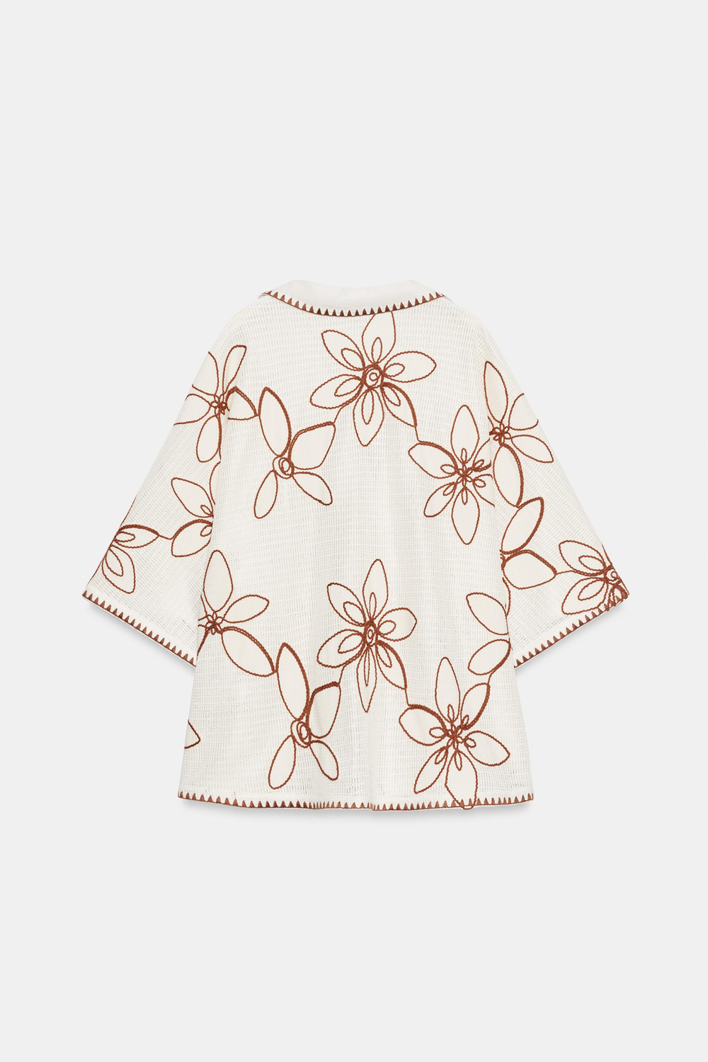 ZARA БЛУЗА-КАФТАН С ВЫШИВКОЙ, ЭКРЮ/КОРИЧНЕВЫЙ