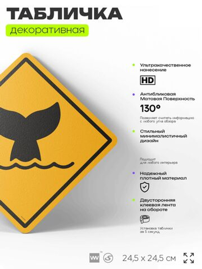 Табличка прикольная "Осторожно, киты" на дверь и стену, информационная и предупреждающая, декоративный знак, 24,5х24,5 см, пластиковая, Айдентика Технолоджи