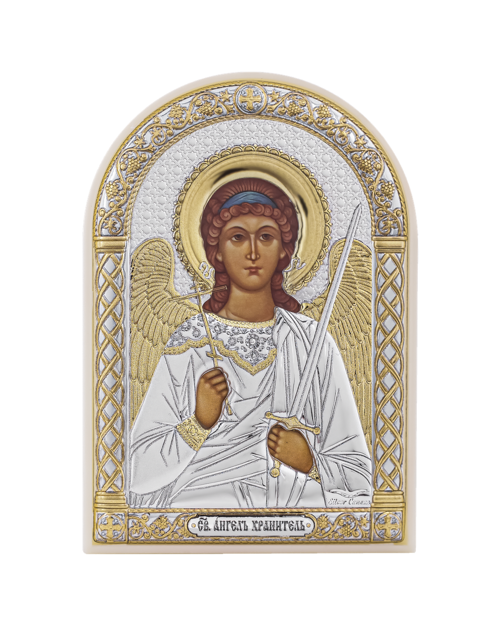 Ангел хранитель, икона арочная, пластик белый 80х115