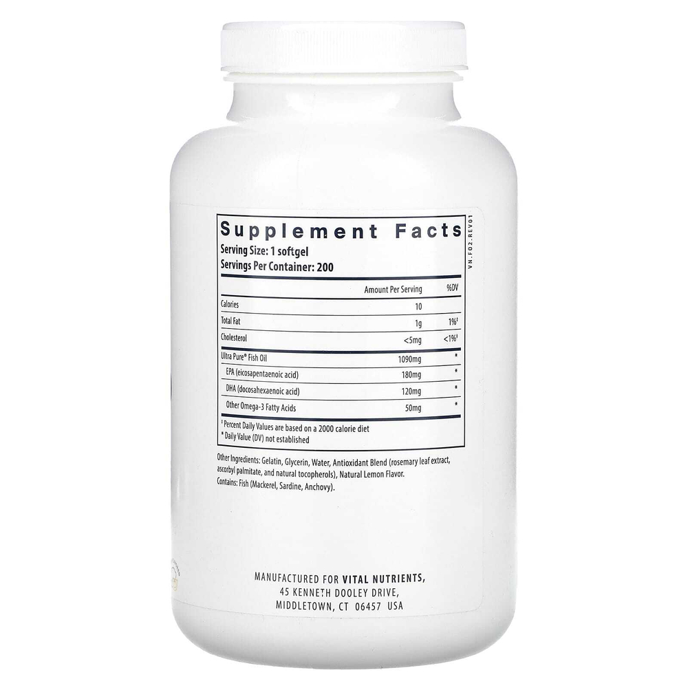 Vital Nutrients, Ultra Pure, рыбий жир 350, лимон, 200 мягких таблеток