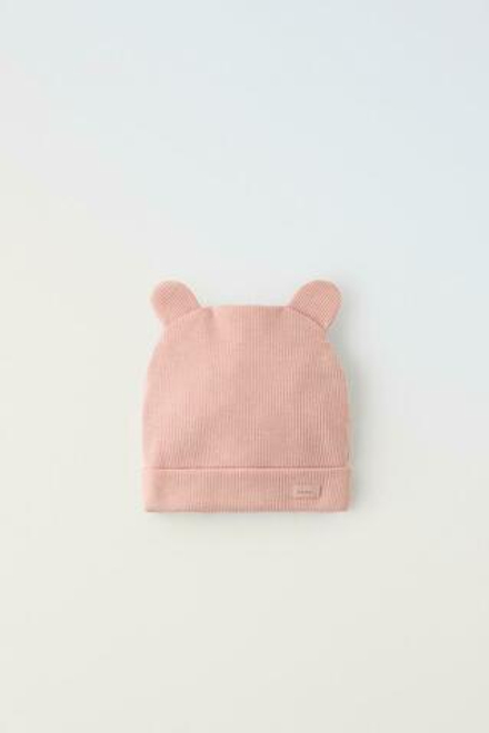 ZARA ШАПКА ИЗ ТРИКОТАЖА В РУБЧИК С УШКАМИ, МЯГКИЙ РОЗОВЫЙ