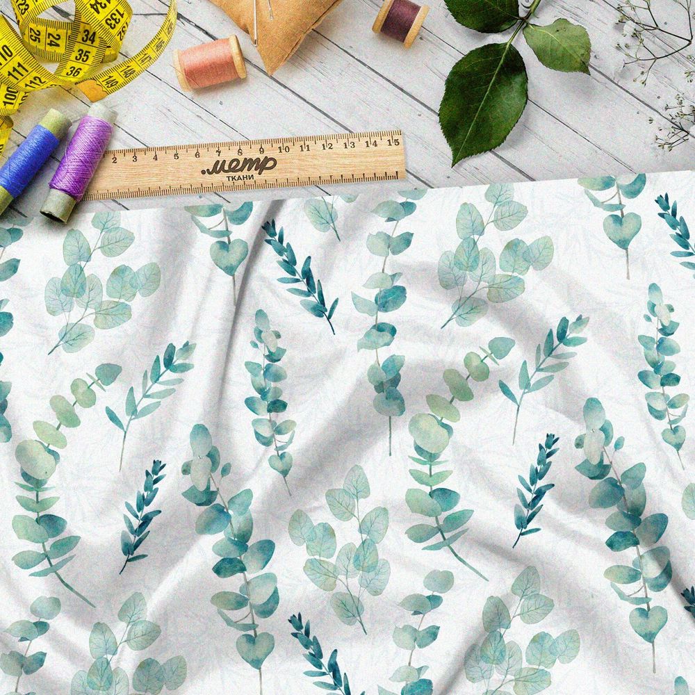 Ткань поплин акварельные листья на бежевом фоне с узором