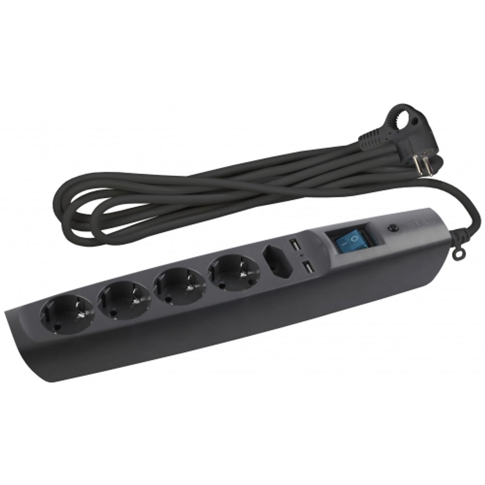 Сетевой фильтр ЭРА SFU-5es-2m-B с надежной защитой с заземлением с выключателем 5 розеток 2м 2xUSB 10А черный