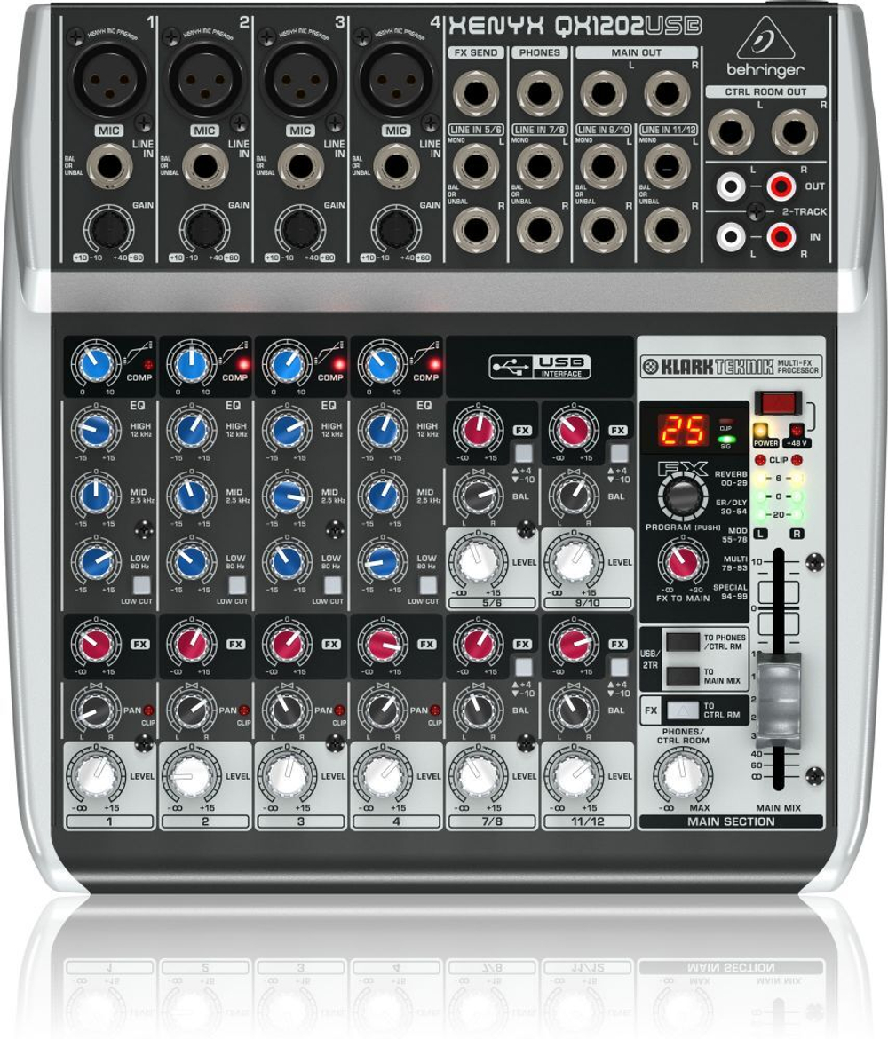 Behringer QX1202USB аналоговый микшер, 12 каналов, 4 мик. + 4 лин. стерео, 1 AUX, DSP FX Klark Teknik, USB-audio, Main L/R- Jack, 4 компрессора